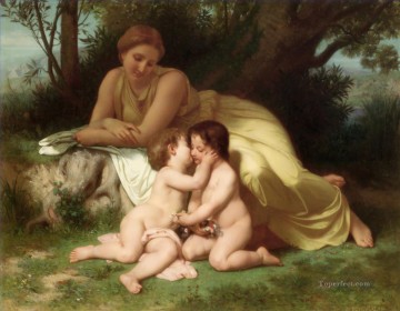 Mujer Joven Contemplando Dos Niños Abrazados Realismo William Adolphe Bouguereau Pinturas al óleo